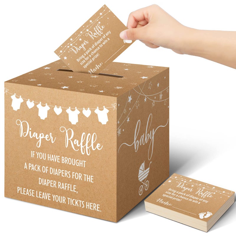 Teling 51 Pieces Diaper Raffle Tickets with Card Box Baby Shower Decorations Baby Shower Holder Box for Girl Boy Diaper Raffle Party(Kraft Paper Style) - Image 1