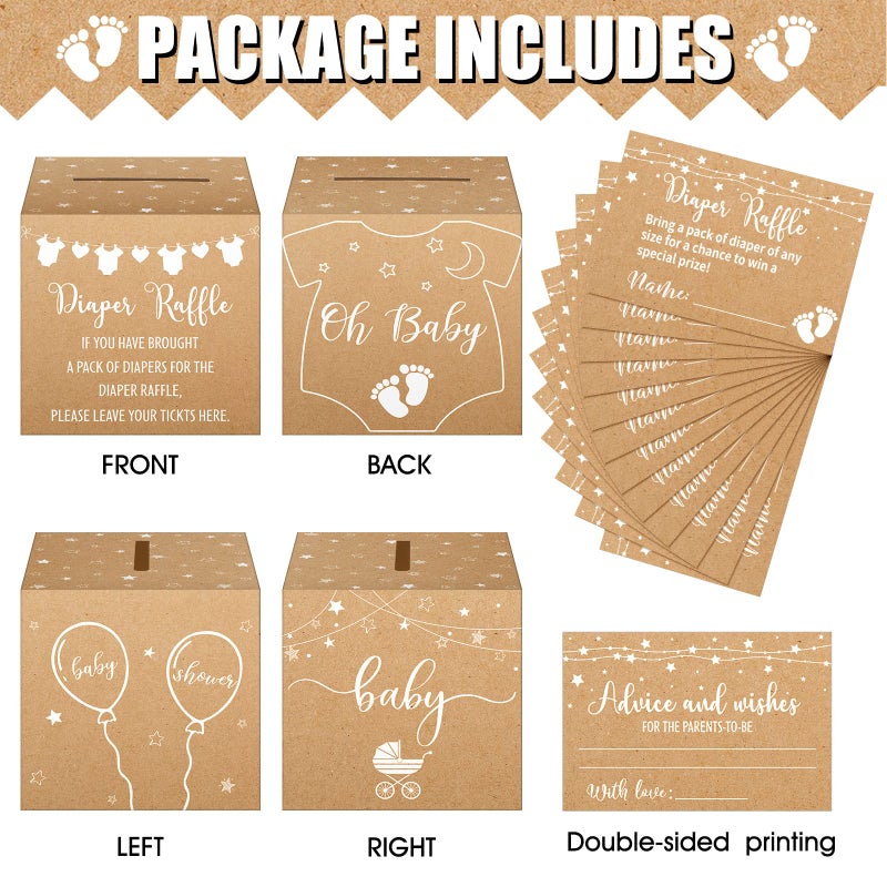 Teling 51 Pieces Diaper Raffle Tickets with Card Box Baby Shower Decorations Baby Shower Holder Box for Girl Boy Diaper Raffle Party(Kraft Paper Style) - Image 3