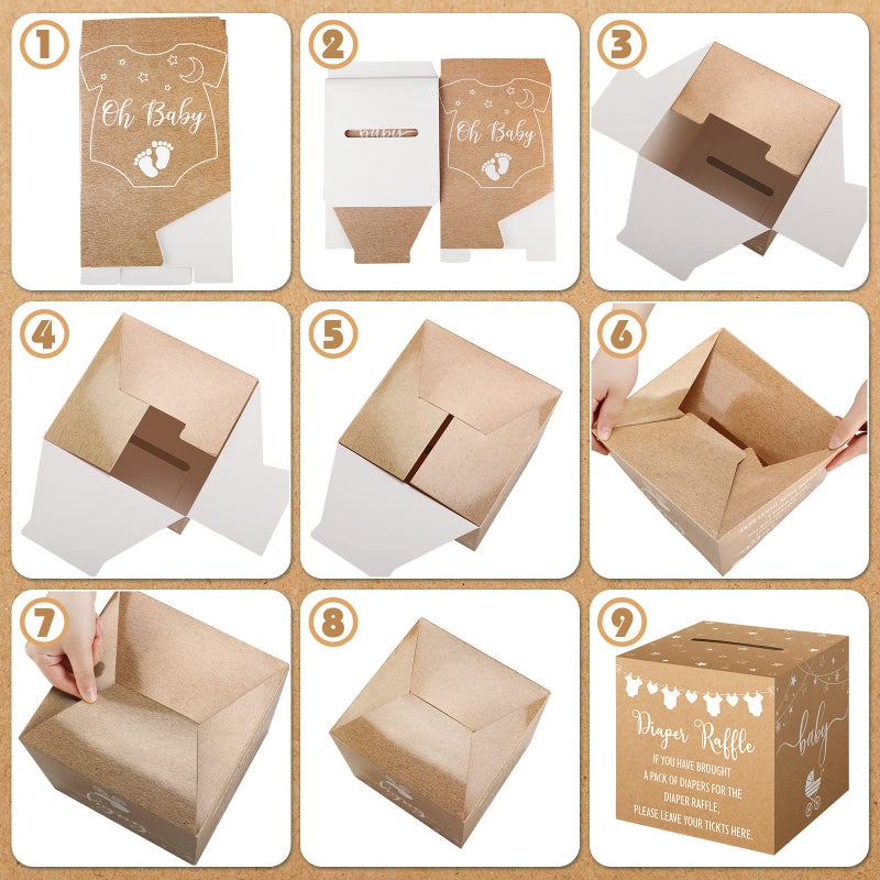 Teling 51 Pieces Diaper Raffle Tickets with Card Box Baby Shower Decorations Baby Shower Holder Box for Girl Boy Diaper Raffle Party(Kraft Paper Style) - Image 5