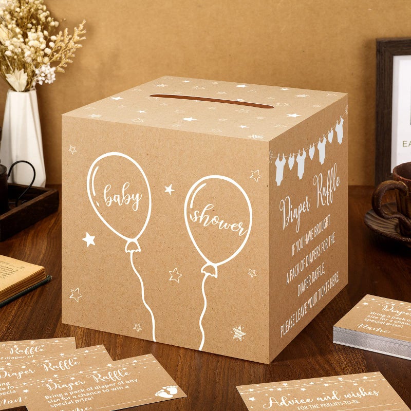 Teling 51 Pieces Diaper Raffle Tickets with Card Box Baby Shower Decorations Baby Shower Holder Box for Girl Boy Diaper Raffle Party(Kraft Paper Style) - Image 2