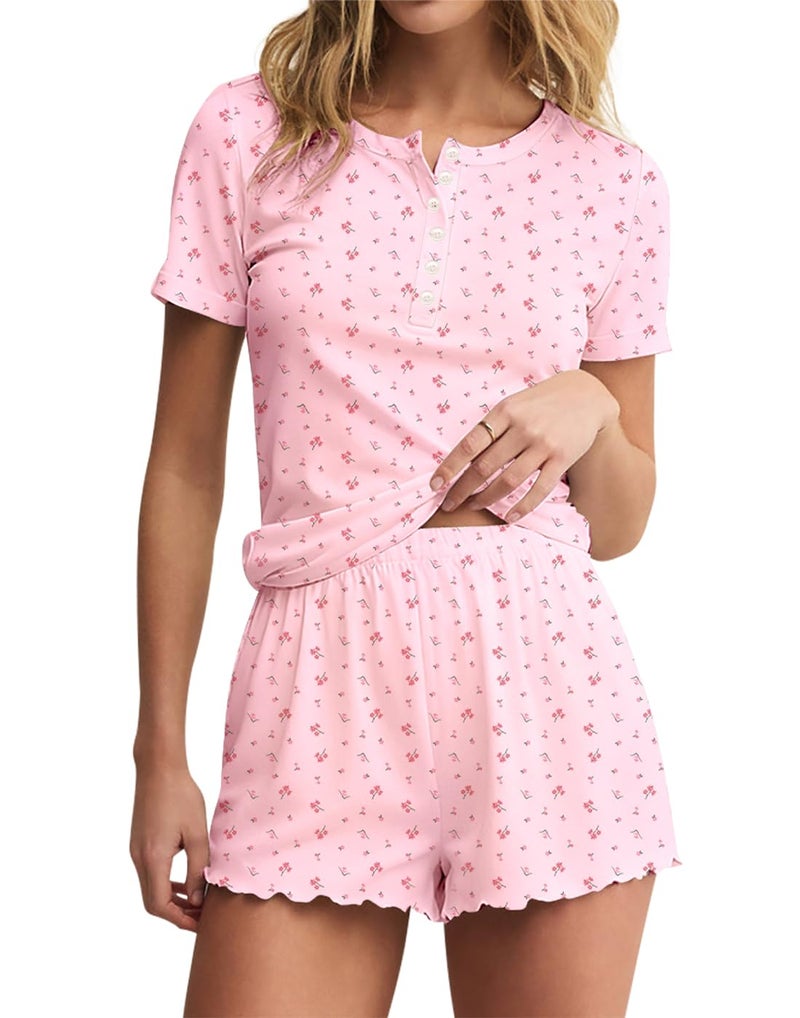 Lacozy Cute Pj Sets Woman Short Sleeve Flower Pajama Sets Y2k Sleepwear Summer Button Shirts and Shorts Pjs Pink L - Image 1