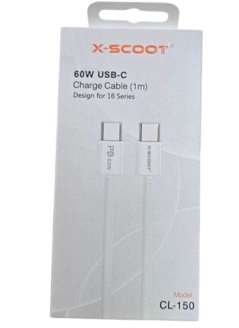 X-SCOOT CL-150 60W PD USB C to Type-C Charging Cable 1m for iPhone 15/16, Galaxy, Pixel and Type-C Phones - 60W