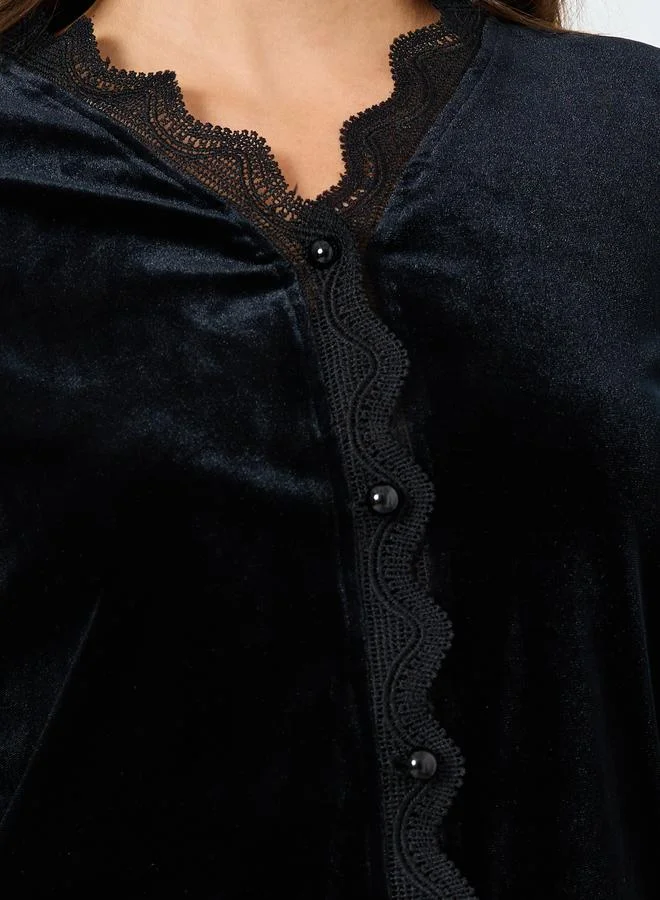 Take Two Black Velvet Look Lace Insert Top and Pyjama Set for Women | Best Price UAE