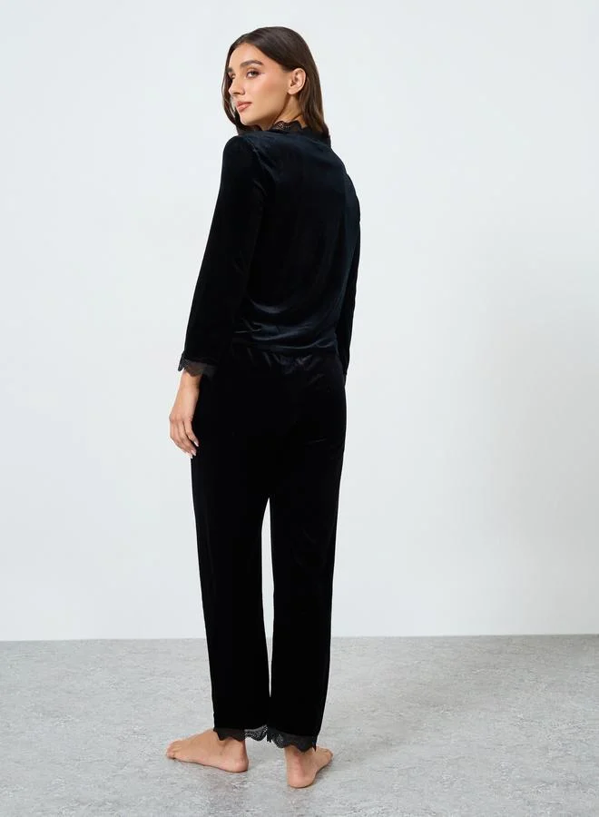 Take Two Black Velvet Look Lace Insert Top and Pyjama Set for Women | Best Price UAE