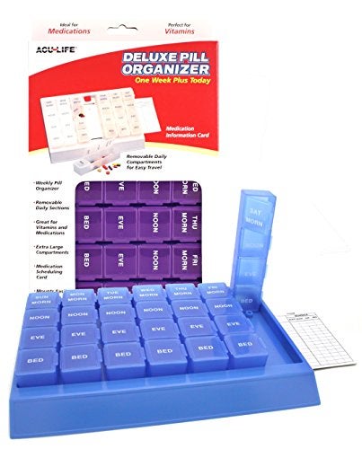 Acu-Life Weekly (7-Day) Pill Case, Medicine Planner, Vitamin Organizer, Pop-Out Compartments, 4 Times a Day, Easy to Use, Color May Vary, BPA Free - Image 1