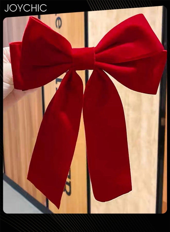 Joychic رباط شعر مخملي أحمر من قطعتين مع ذيل ساتان طويل لتزيين الرأس للنساء والفتيات هدايا - Image 3