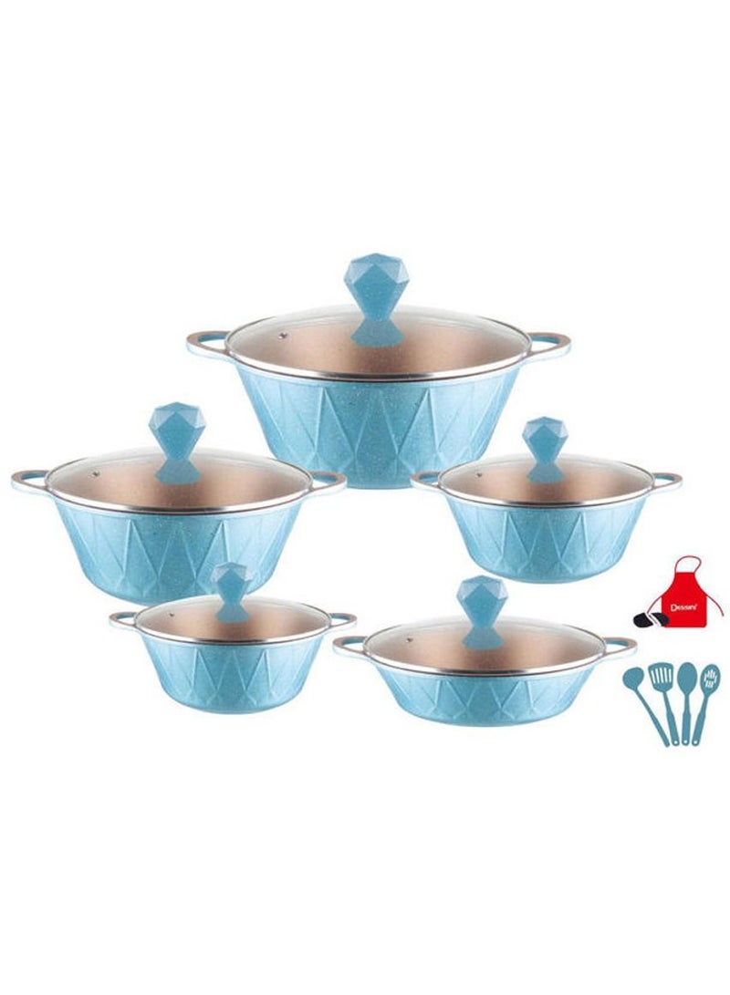 DubaiGallery 17-Piece Granite Saving Energy Aluminum Cookware Set Includes 1xCasserole With Lid 20cm, 1xCasserole With Lid 24cm, 1xCasserole With Lid 28cm, 1xCasserole With Lid 32cm, 1xShallow Casserole With Lid 28cm, 7xCooking Tools Blue 