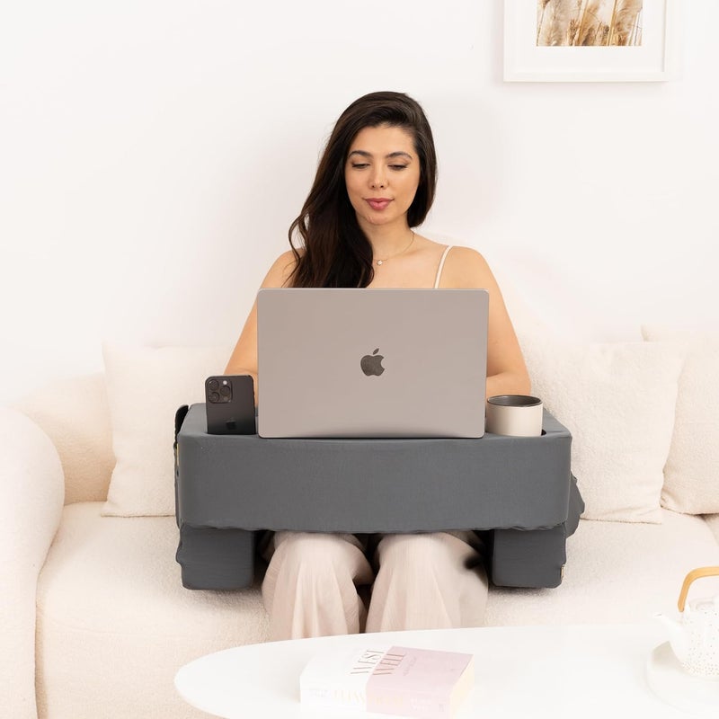 TabCouchCaddy Reading Pillow for Gaming â€“ Extra Large Lap Desk & Arm Rest with Cup & Phone Holder, Adjustable Heights, Laptop Support, Large Pockets â€“ Comfortable for Work, Gaming & Crocheting (Grey) - Image 3