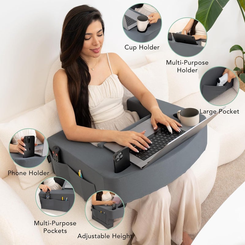 TabCouchCaddy Reading Pillow for Gaming â€“ Extra Large Lap Desk & Arm Rest with Cup & Phone Holder, Adjustable Heights, Laptop Support, Large Pockets â€“ Comfortable for Work, Gaming & Crocheting (Grey) - Image 4