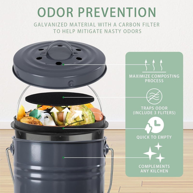 Vipush Compost Bin Kitchen Countertop Composter with lid – Small Compost ContainerI Includes Inner Compost Bucket Liner & Charcoal Filter, Grey - Image 2