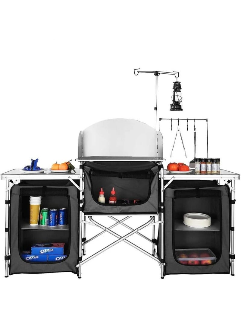 Camping Portable Extensible Table with Sink, Aluminum Folding Table Outdoor Cook Station for Picnic & Traveling (Black)