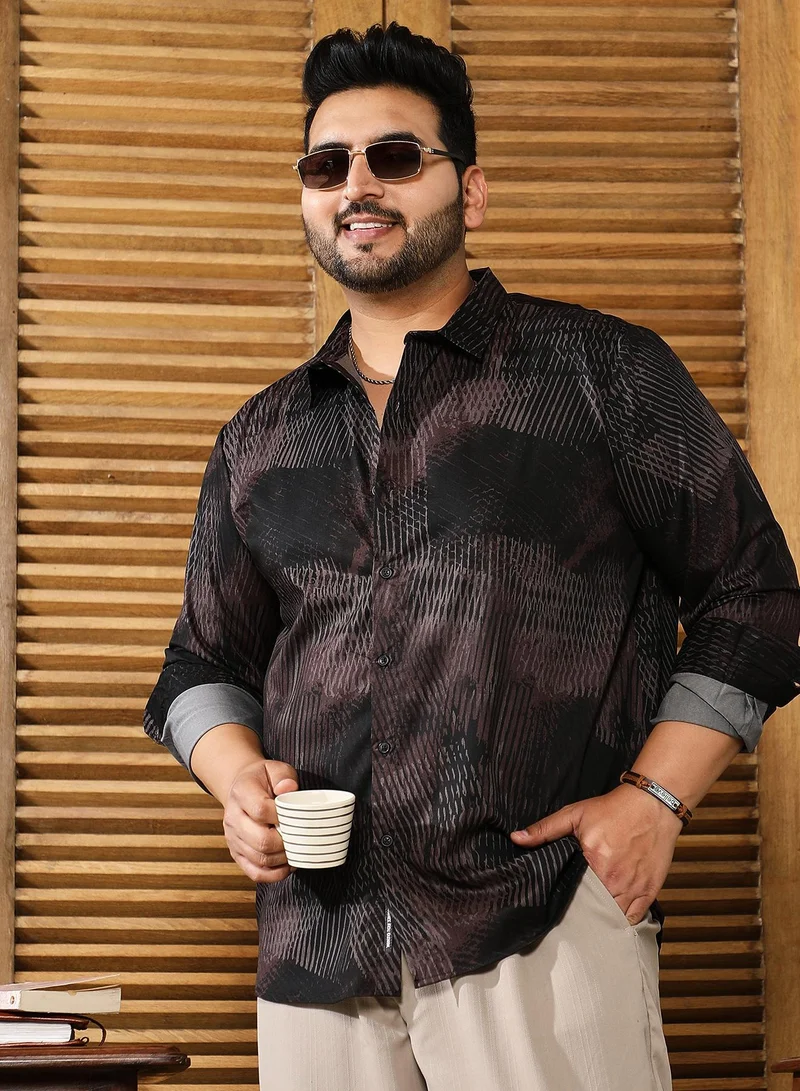 انستافاب بلس قميص رجالي مقاس بلس من انستافاب بلاص أسود وبني كاجوال بياقة سبيد وأكمام طويلة بأزرار