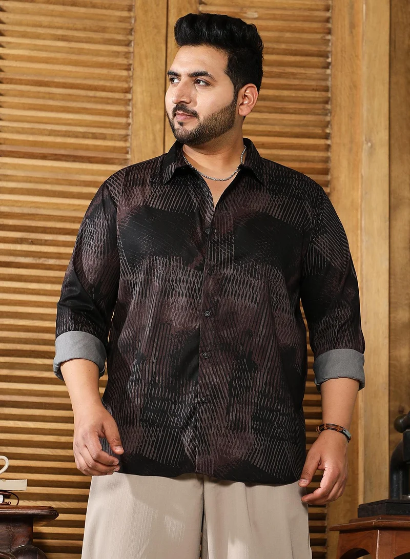 انستافاب بلس قميص رجالي مقاس بلس من انستافاب بلاص أسود وبني كاجوال بياقة سبيد وأكمام طويلة بأزرار