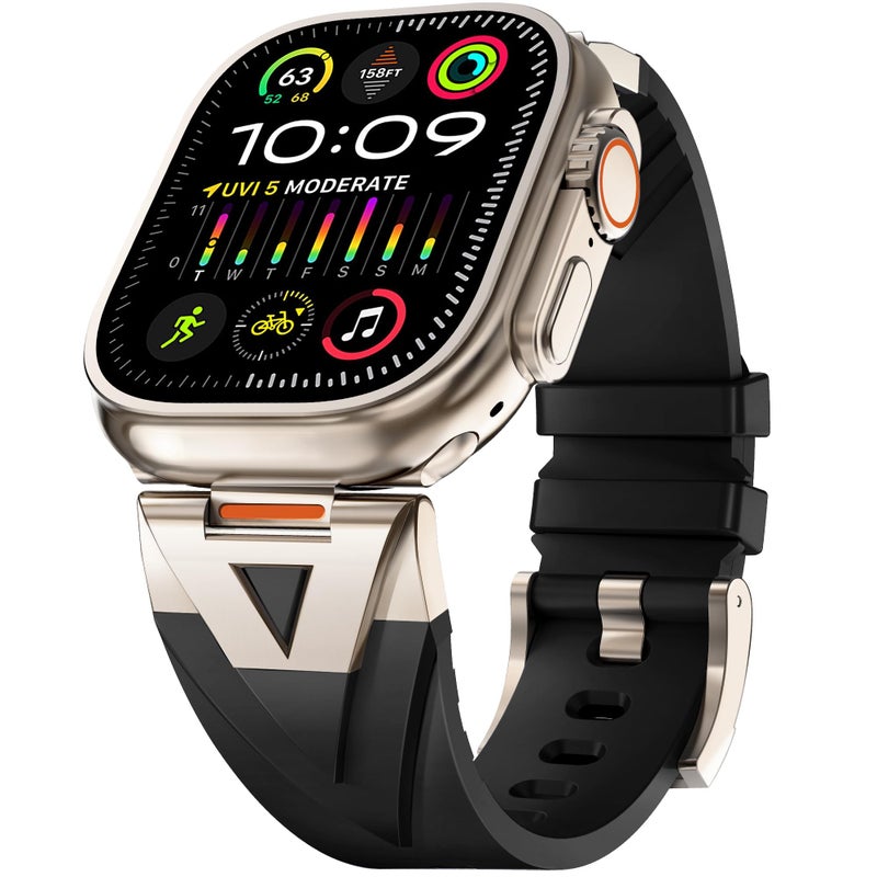 سوار رياضي سيليكون بموصل معدني متين متوافق مع ساعة آبل ألترا 2 بحجم 49 مم، ساعة آي ووتش سلسلة 10 9 SE 8 7 6 5 44/45/46/49 مم - أسود - Image 1