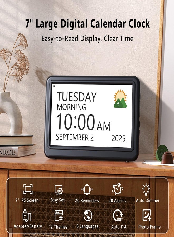 PPLEE Rechargeable Digital Calendar Alarm Clocks for Senior, 7" Clock with Day and Date for Elderly, 20 Reminders & Alarms, Auto Dimmer/DST, 12 Themes, 18 Ringtones for Dementia Memory Loss, 1024*600 HD - Image 3