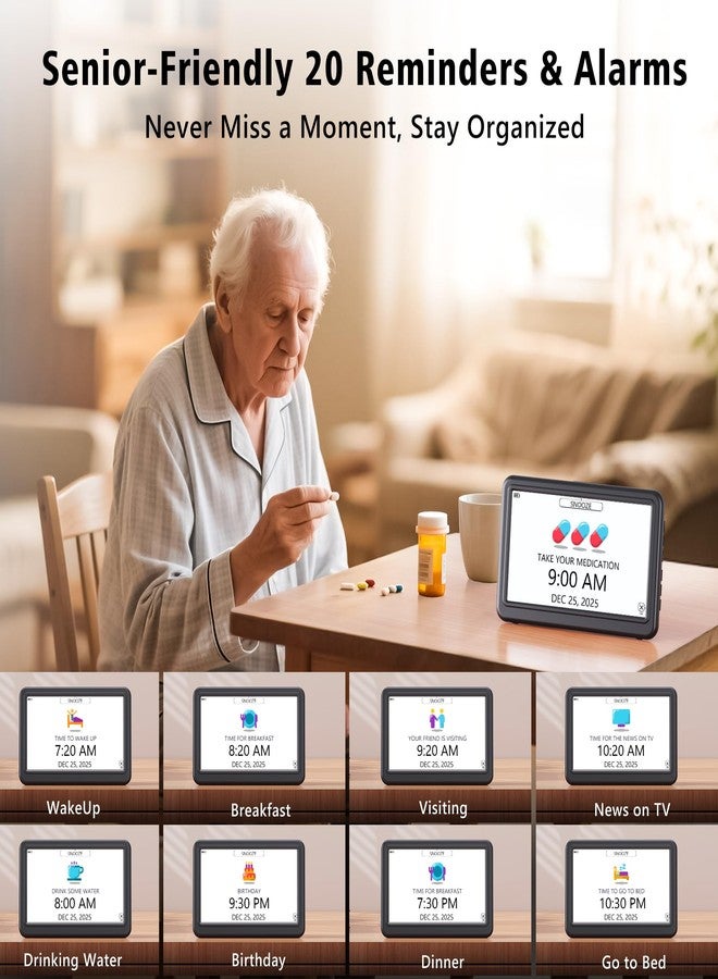 PPLEE Rechargeable Digital Calendar Alarm Clocks for Senior, 7" Clock with Day and Date for Elderly, 20 Reminders & Alarms, Auto Dimmer/DST, 12 Themes, 18 Ringtones for Dementia Memory Loss, 1024*600 HD - Image 4