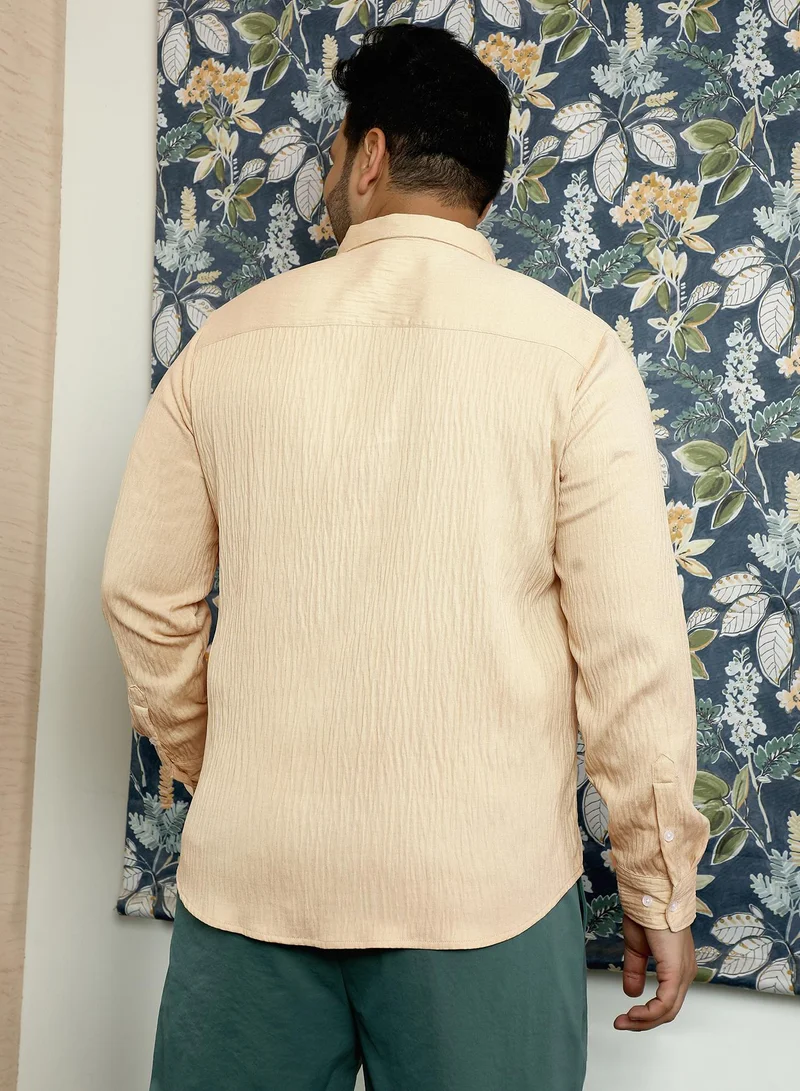 Instafab Plus Instafab Plus Men's Ecru Beige Solid Creased-Tactile Shirt | Spread Collar , Long Cuffed Sleeves , Button Closure , Curved Hemline | Solid Creased Polyester Blend Material For Street & Casual Wear