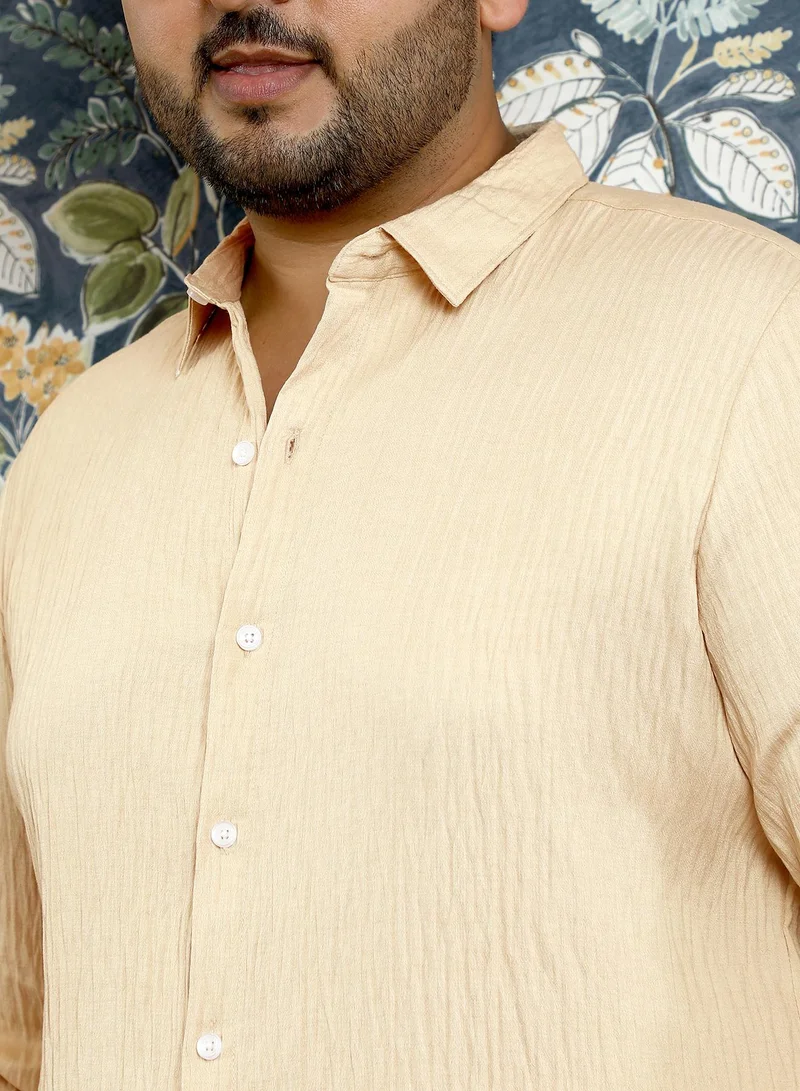 Instafab Plus Instafab Plus Men's Ecru Beige Solid Creased-Tactile Shirt | Spread Collar , Long Cuffed Sleeves , Button Closure , Curved Hemline | Solid Creased Polyester Blend Material For Street & Casual Wear