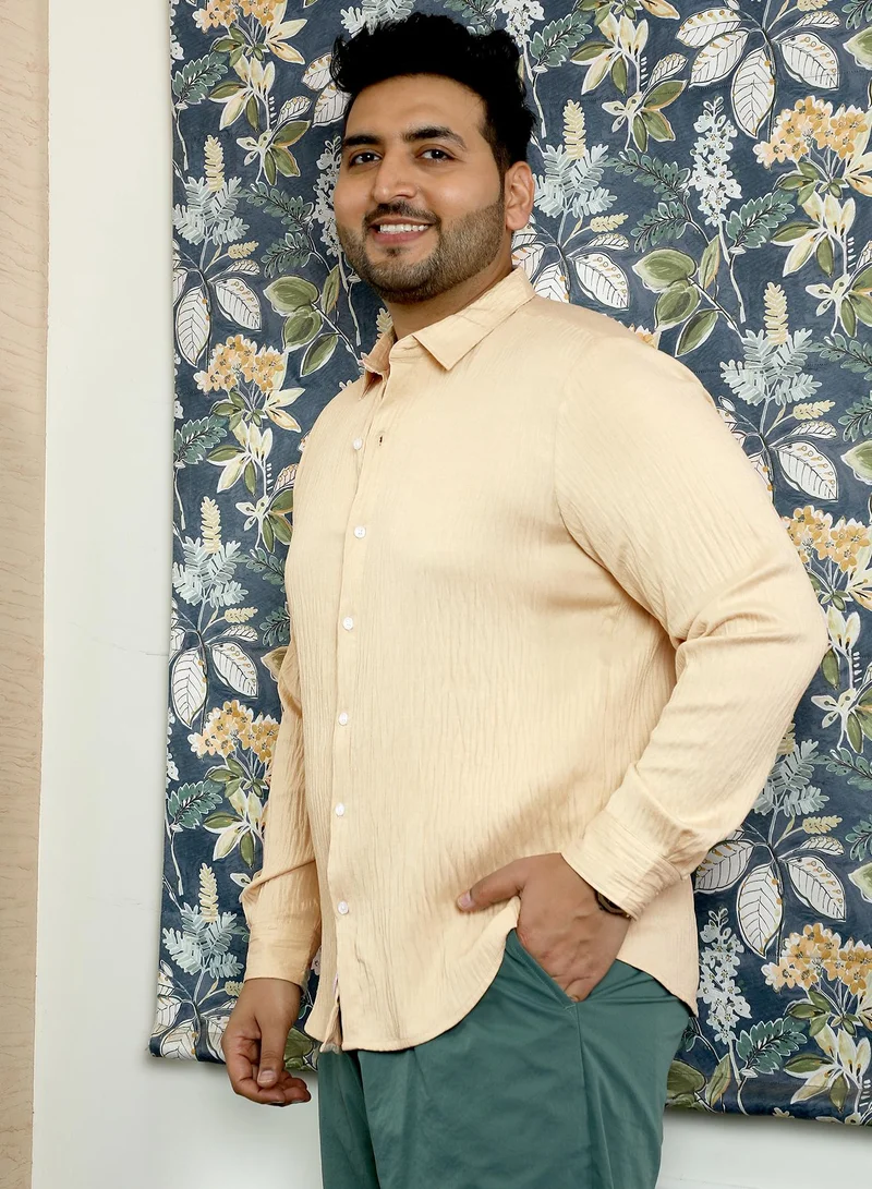 Instafab Plus Instafab Plus Men's Ecru Beige Solid Creased-Tactile Shirt | Spread Collar , Long Cuffed Sleeves , Button Closure , Curved Hemline | Solid Creased Polyester Blend Material For Street & Casual Wear