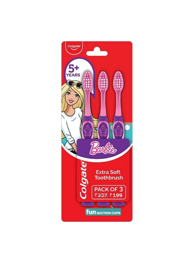 كولجيت فرشاة أسنان كولجيت باربي اليدوية للأطفال، ناعمة للغاية مع منظف للسان، مثالية للأطفال من سن 5 سنوات فما فوق، متعددة الألوان (عبوة كومبو عرض 3 قطع) - Image 1