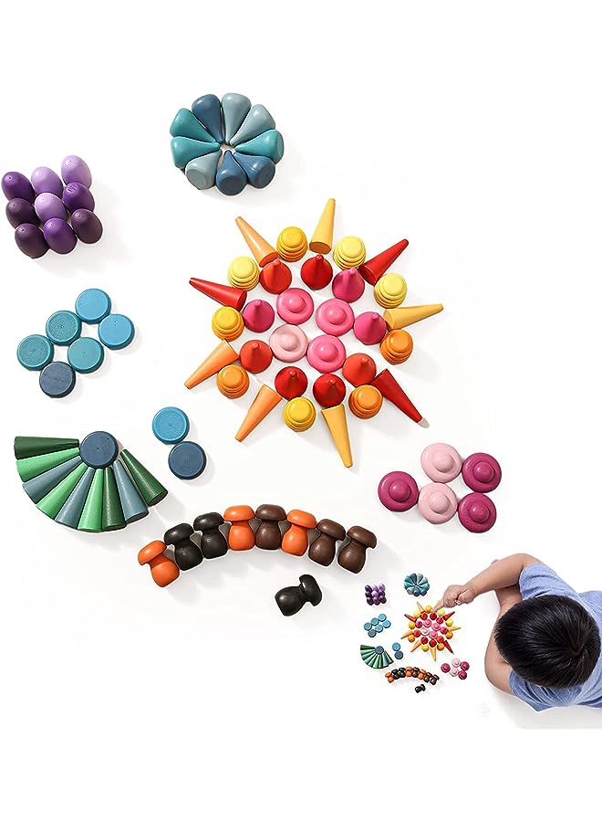 PROMASS PCS Loose Parts Materials Wooden Rainbow Toy Building Sets Building Blocks,Montessori Sorting & Stacking Art Toys, Preschool Toys Learning Educational Shape Sorting with 7 Shapes, 27 Color - Image 1