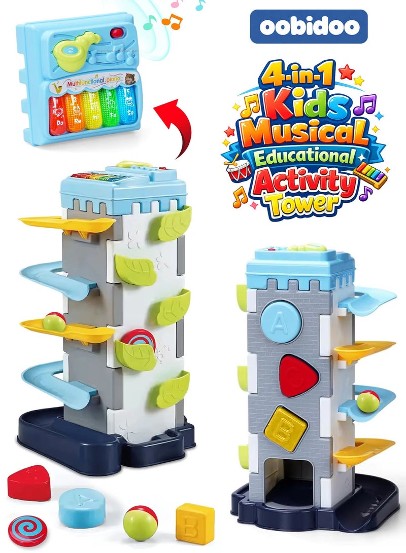 Oobidoo 4-in-1 Kids Musical Educational Activity Tower Toy with Detachable Light Up Piano Sliding Ball Track Rolling Rattle Disc Shape Sorter Multi Mode Learning Numbers 1 to 5 Animal Sounds Names Interactive Light Up Game Toddler Early Development Toy Hand Eye Coordination Sensory Motor Skills ABS Safe Non Toxic Gift for Boys and Girls 18 Months+ - Image 1