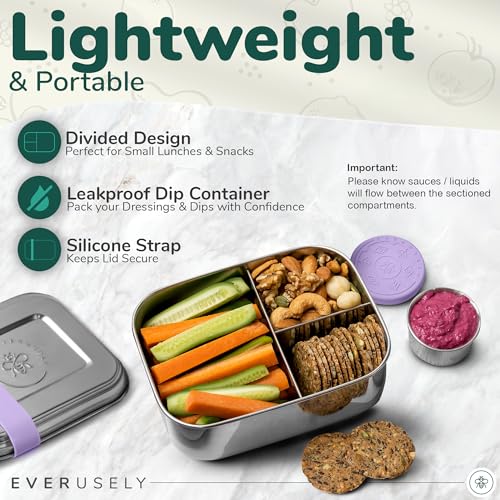 Everusely - Bento Box - Lavender, 27oz / 0.8 L - Stainless Steel Lunch Box with Leakproof Condiment Container - 3 Compartment Snack Organizer for On the Go Meals - Freezer & Dishwasher Safe - Image 4