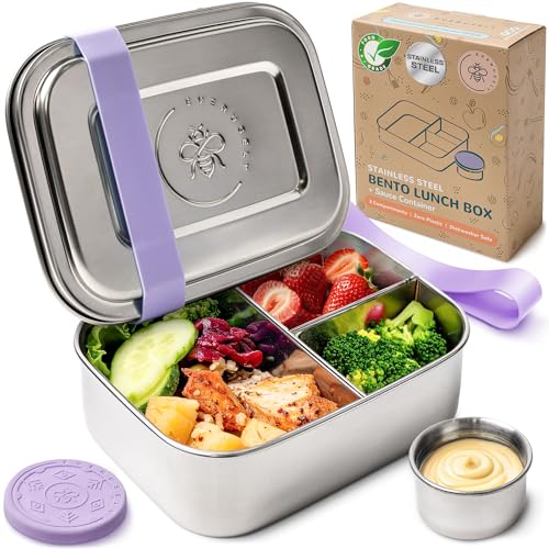 Everusely - Bento Box - Lavender, 27oz / 0.8 L - Stainless Steel Lunch Box with Leakproof Condiment Container - 3 Compartment Snack Organizer for On the Go Meals - Freezer & Dishwasher Safe - Image 1