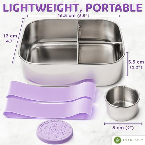 Everusely - Bento Box - Lavender, 27oz / 0.8 L - Stainless Steel Lunch Box with Leakproof Condiment Container - 3 Compartment Snack Organizer for On the Go Meals - Freezer & Dishwasher Safe - Image 2