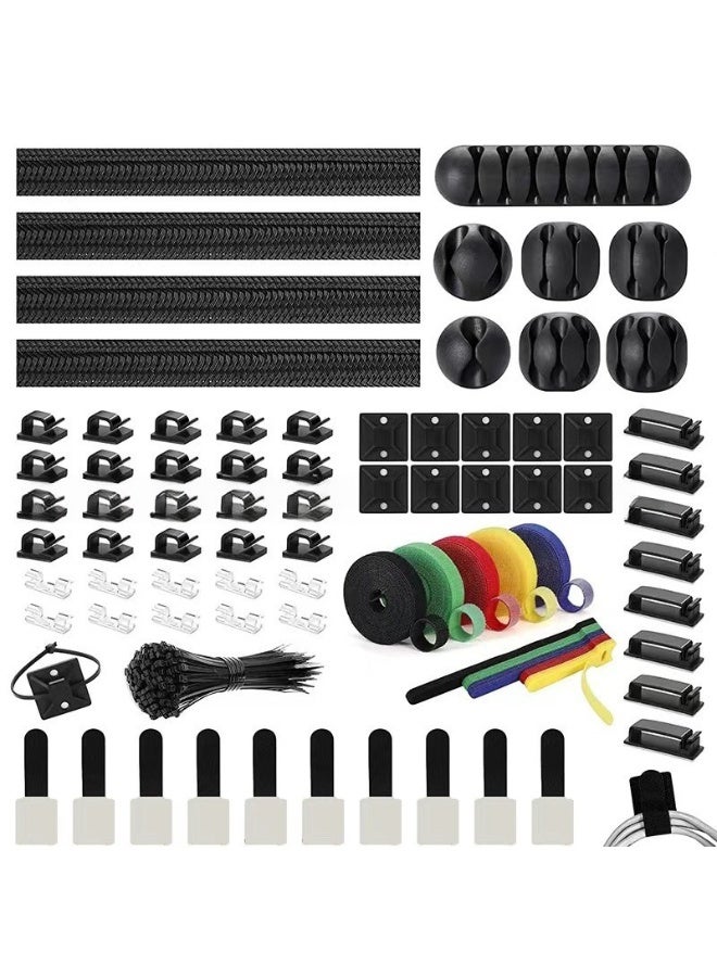 Management storage kit: 7 TPR cable clips, 4 black cable sleeves, 10 black cable retainers, 20 small black blocks, 10 small transparent double hooks, 8 long cable fixers, 6 colourful cat-shaped cable straps, 10 large black adhesive Velcro strips, 100 Black nylon short cable strap, 1 3-metre-long Velcro strip. It is used for TV, office, car, desk and home. - Image 1