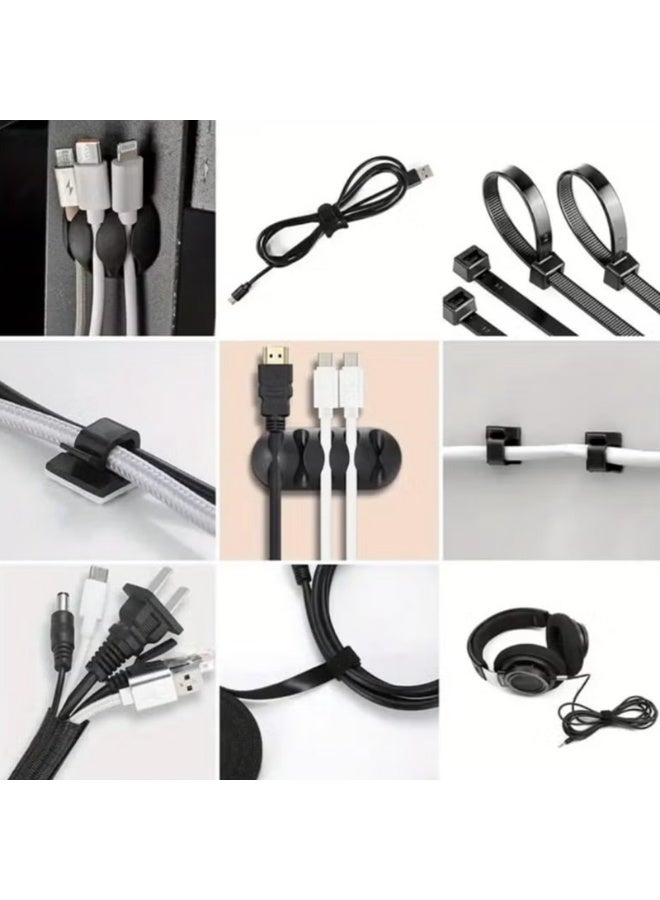 Management storage kit: 7 TPR cable clips, 4 black cable sleeves, 10 black cable retainers, 20 small black blocks, 10 small transparent double hooks, 8 long cable fixers, 6 colourful cat-shaped cable straps, 10 large black adhesive Velcro strips, 100 Black nylon short cable strap, 1 3-metre-long Velcro strip. It is used for TV, office, car, desk and home. - Image 2