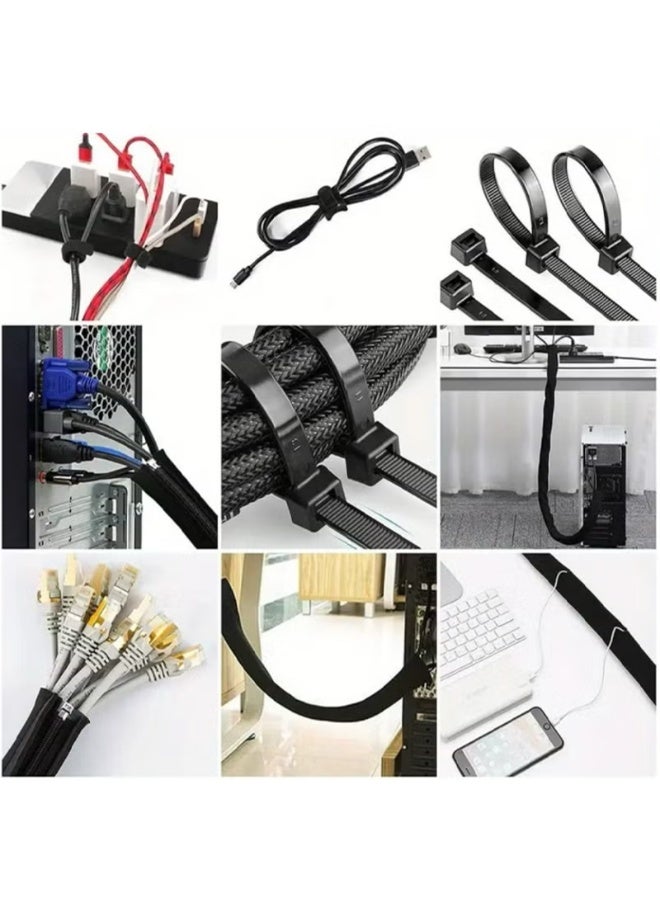 Management storage kit: 7 TPR cable clips, 4 black cable sleeves, 10 black cable retainers, 20 small black blocks, 10 small transparent double hooks, 8 long cable fixers, 6 colourful cat-shaped cable straps, 10 large black adhesive Velcro strips, 100 Black nylon short cable strap, 1 3-metre-long Velcro strip. It is used for TV, office, car, desk and home. - Image 4