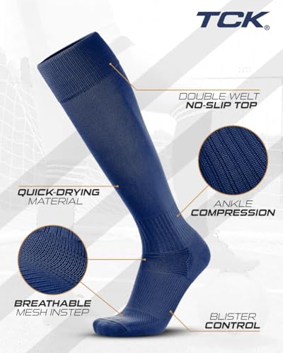 TCK Blue Soccer Socks Youth Boys Girls Womens Mens Performance Sport Sock Knee High Soccer Socks Kids Finale (Navy, Small) - Image 2