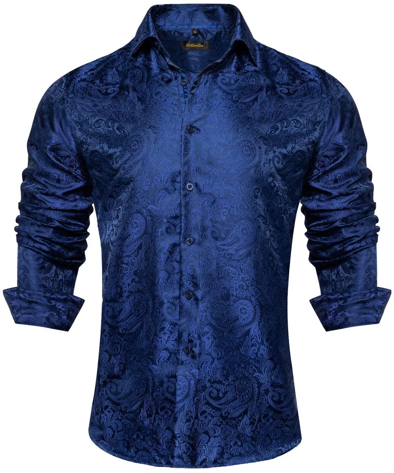 DiBanGu Mens Silk Navy Blue Paisley Dress Shirt Casual Formal Long Sleeve Blue ButtonDown Shirts for Wedding Party Blue L