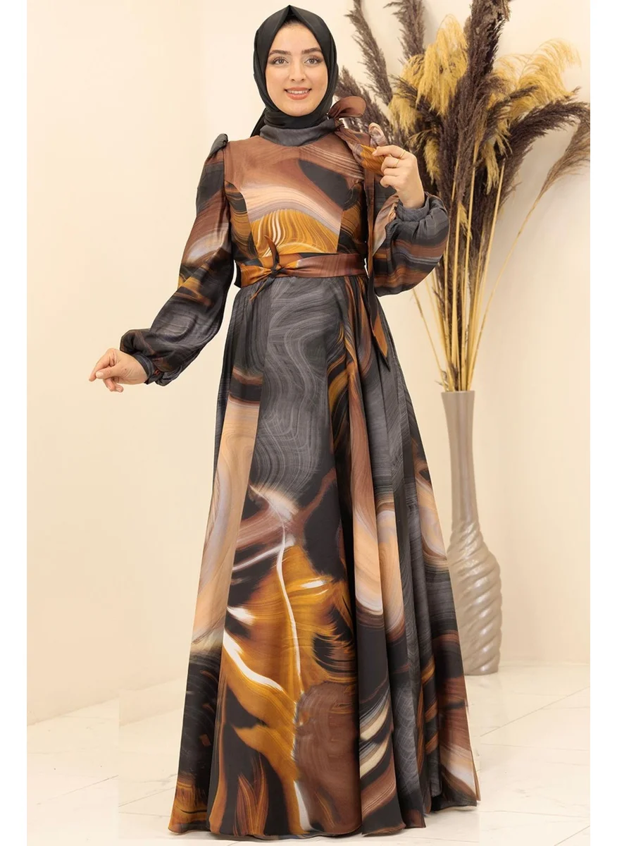Esilanur Silk Satin Belted Bow Collar Marbling Patterned Hijab Dress Black