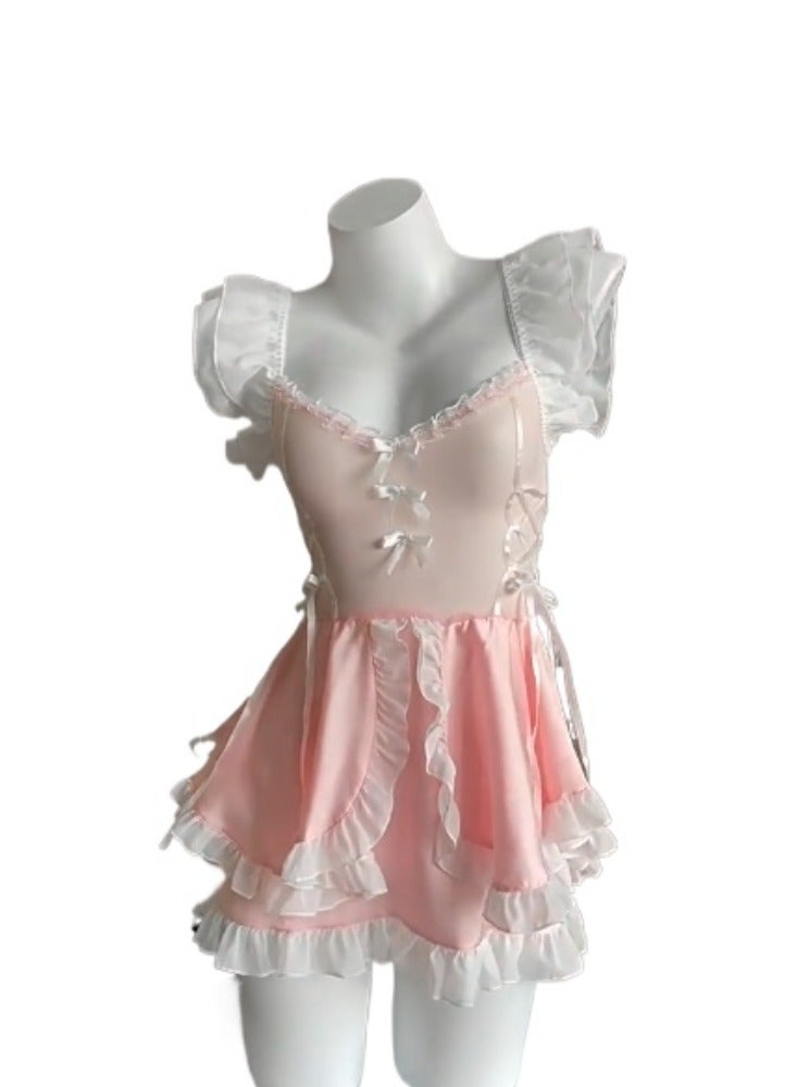 Women's four-piece nightgown set, elegant waist-cinching lace camisole nightgown, sleeveless V-neck lingerie nightgown set, sweet and stylish