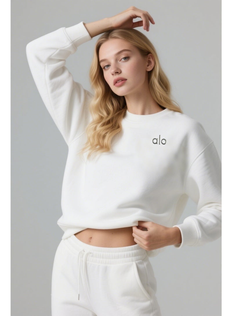 Alo Yoga Women Alo Yoga Oversized Crewneck Pullover With Logo Loose Fit Athleisure Daily Outdoor Relaxed Basic Sweatshirt - Image 1