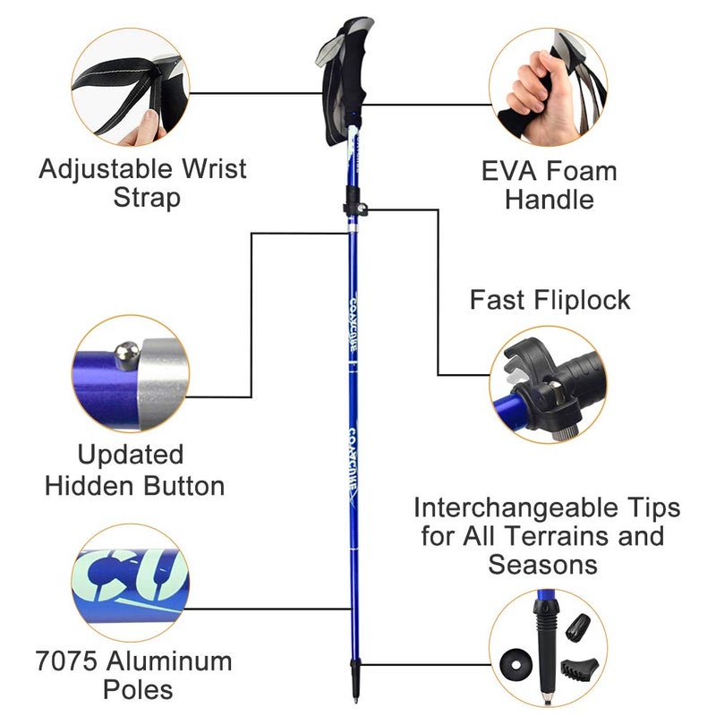 covacure Trekking Poles Collapsible Hiking - Aluminum Alloy 7075 Sticks with Quick Lock System, Telescopic, Collapsible, Ultralight for Hiking, Camping Blue Short (100-120cm) - Image 4