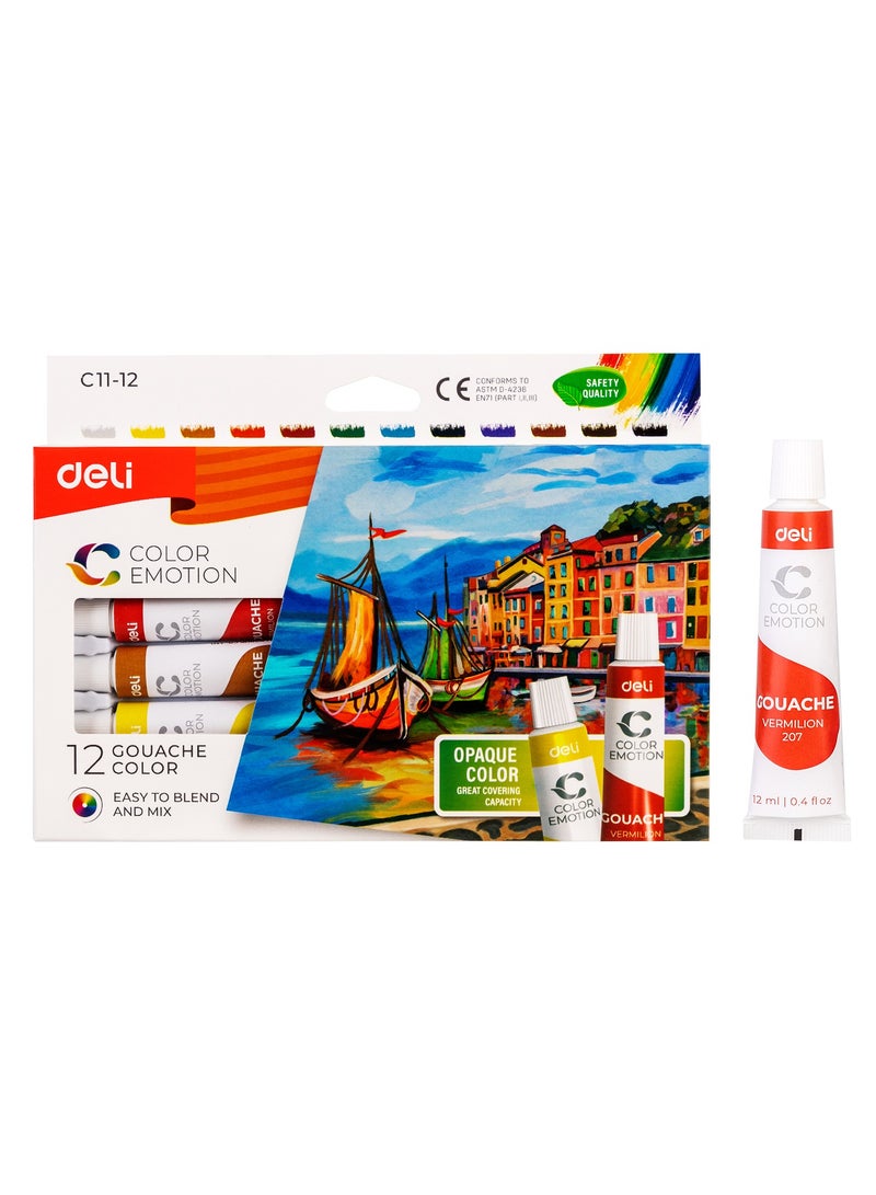 Deli EC11-12 Gouache Paint Set 12ml/Tube, 12 Colors 鈥?ideal for art, school, and hobby use - Image 1