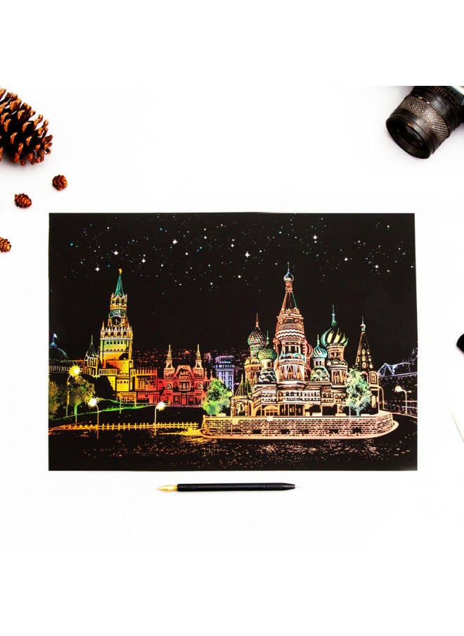 Generic - Color City Night Scrape Painting 3 Colorful Scrape Paper 8 Open Hand Scrape Painting This Pattern To Send Men And Women A Wholesale-Colour:(colorful First Edition) London Big Ben - Scratch Painting + 4-piece Tool Set + Gift Bag - Image 1