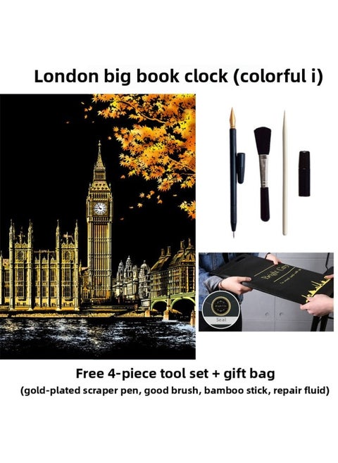 Color City Night Scrape Painting 3 Colorful Scrape Paper 8 Open Hand Scrape Painting This Pattern To Send Men And Women A Wholesale-Colour:(colorful First Edition) London Big Ben - Scratch Painting + 4-piece Tool Set + Gift Bag