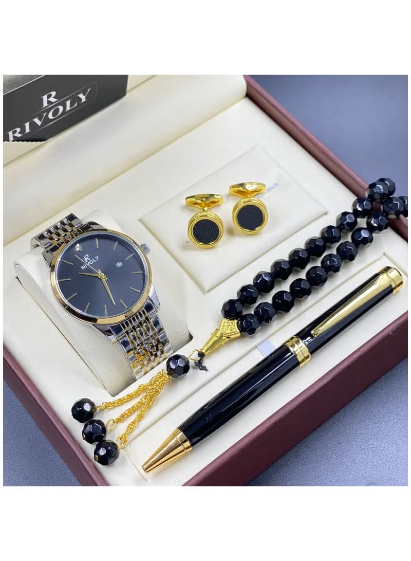 Men's stainless steel set consisting of a watch, a rosary, a pen and cufflinks