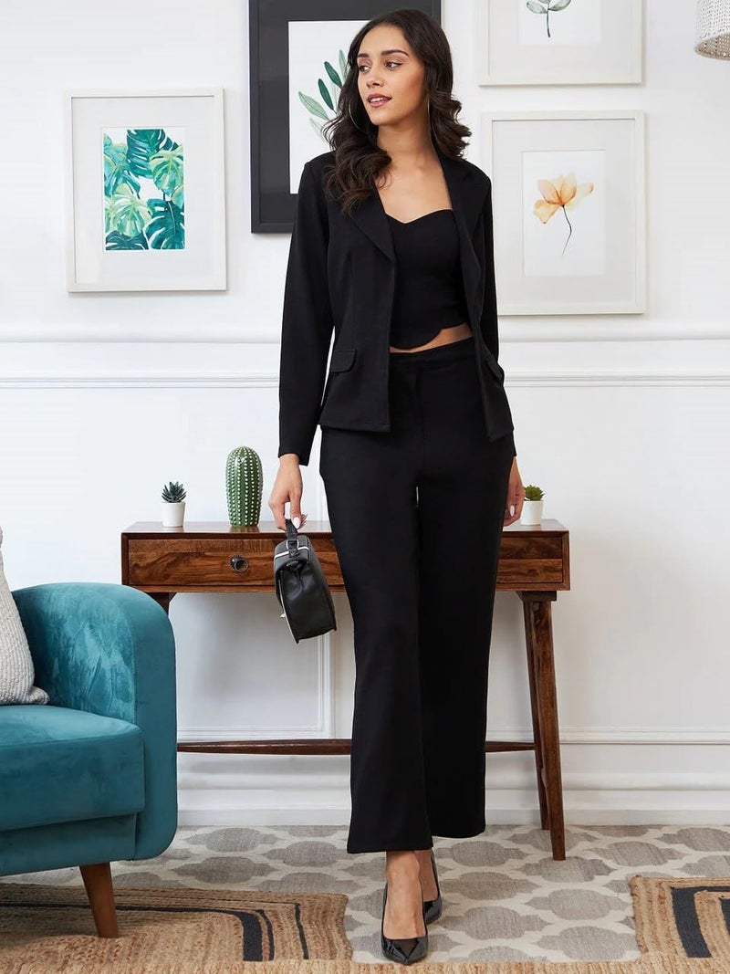 Florely Women's Lycra Solid Three Piece Outfits Blazer Co-Ord Set Women Outdoor Wear Maxi Dress Crop top Party Dress Stylish Latest Dresses (XX-Large, Black) - Image 4