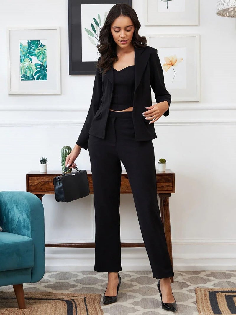 Florely Women's Lycra Solid Three Piece Outfits Blazer Co-Ord Set Women Outdoor Wear Maxi Dress Crop top Party Dress Stylish Latest Dresses (XX-Large, Black) - Image 2