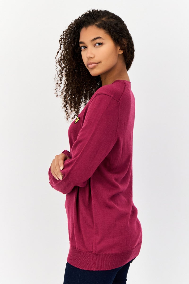 Lyle & Scott Women V-Neck Textured Sweater, Wine Red - Image 3