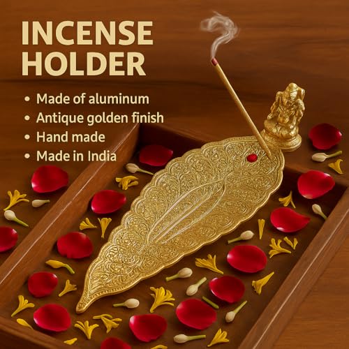 Pure Source India Aluminum Incense Holder with Ash Catcher, Ganesh Agarbatti Stand for Pooja, Decorative Gold Incense Stick Holder for Home Temple, Meditation & Gift (9x2 Inch) - Image 4