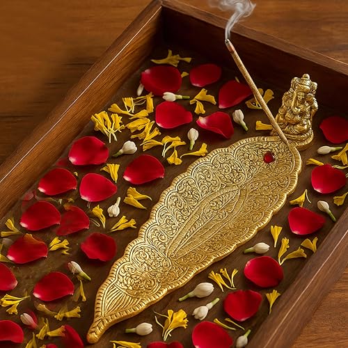 Pure Source India Aluminum Incense Holder with Ash Catcher, Ganesh Agarbatti Stand for Pooja, Decorative Gold Incense Stick Holder for Home Temple, Meditation & Gift (9x2 Inch) - Image 1