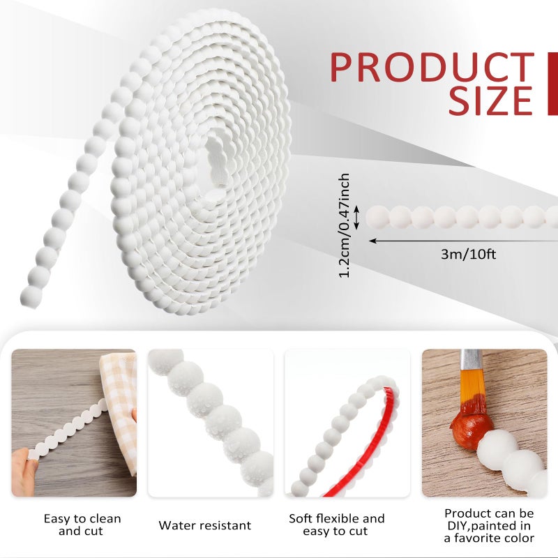 Leinuosen Flexible Molding Trim Peel and Stick for Walls 10ft Decorative Bead Pearl DIY Wall Trim for Bathroom Mirror Frame Border Backsplash Tile Ceiling Cabinet TV Wall Edge(White, 10ft /12 mm) - Image 2