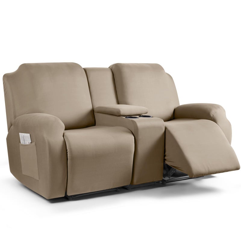 TAOCOCO Recliner Loveseat Cover with Middle Console 4 Pieces Recliner Sofa Cover Polyester Fabric Stretch Loveseat Reclining Sofa Covers Taupe 2 Seat Recliner Cover with Console - Image 2