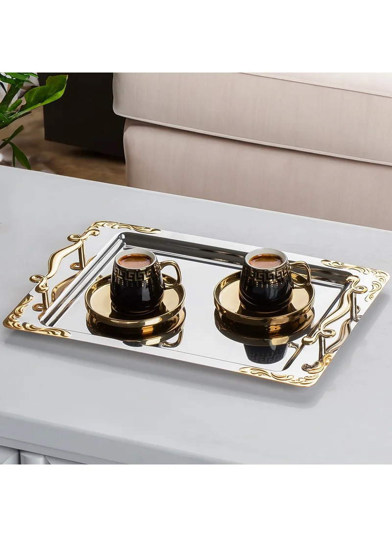 Nehir Lalezar Gold Stainless Steel Gold Detailed Tea Coffee Serving Tray 48 x 31 cm